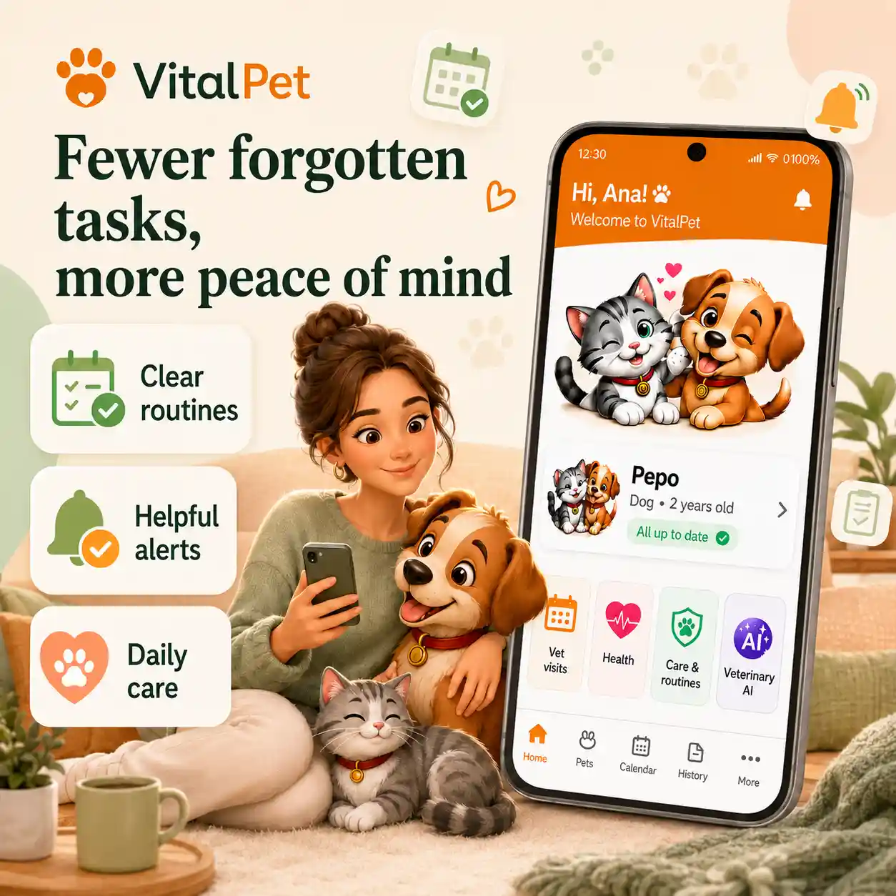 VitalPet reminders image showing a calm daily care scene with fewer forgotten tasks and more peace of mind.