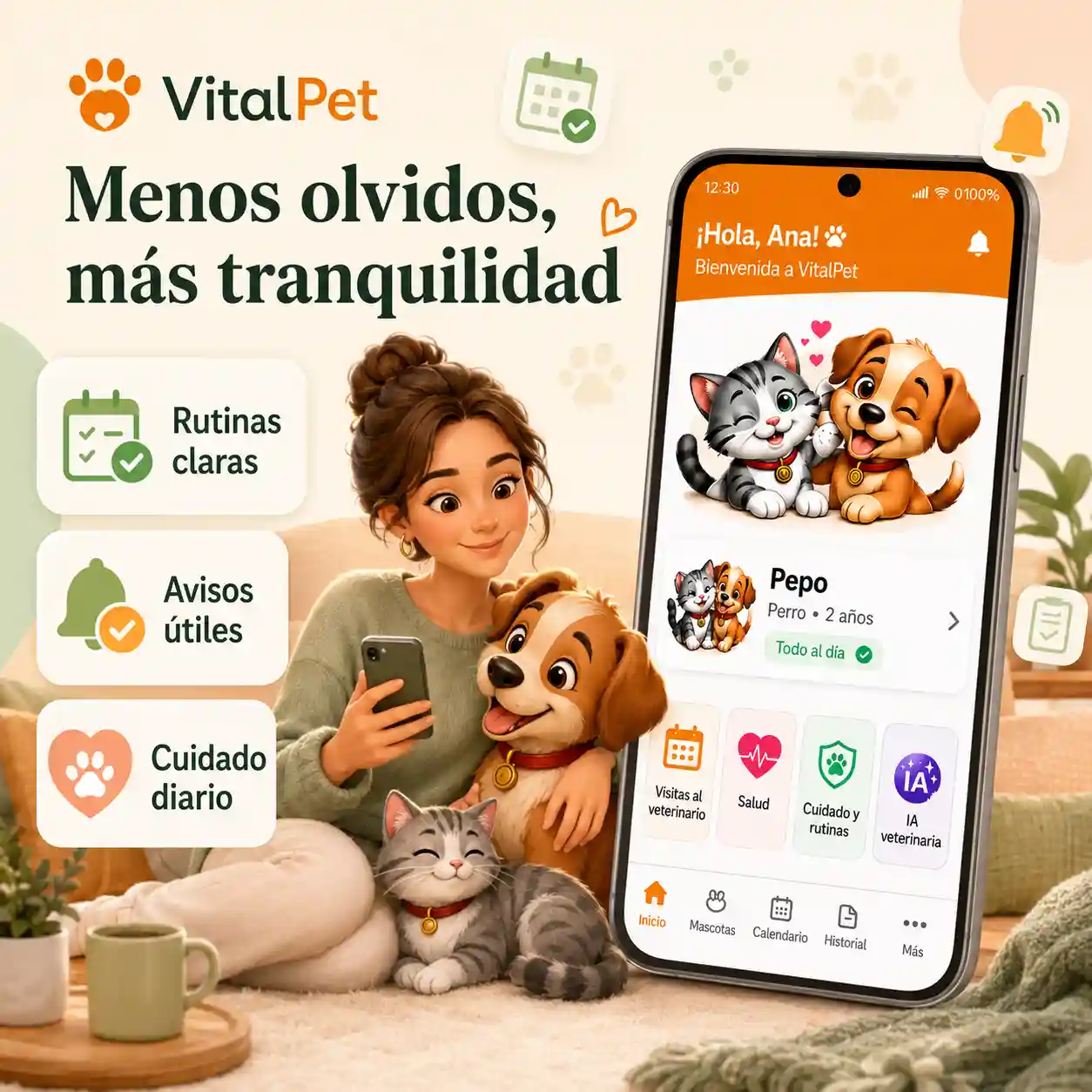 Imagen de recordatorios de VitalPet con escena tranquila de cuidado diario y menos olvidos.