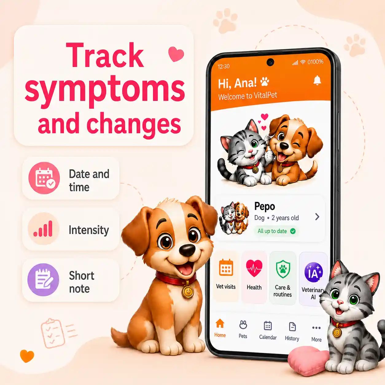 VitalPet symptoms hero image with a real app screen, dog and cat, and symptom tracking message.
