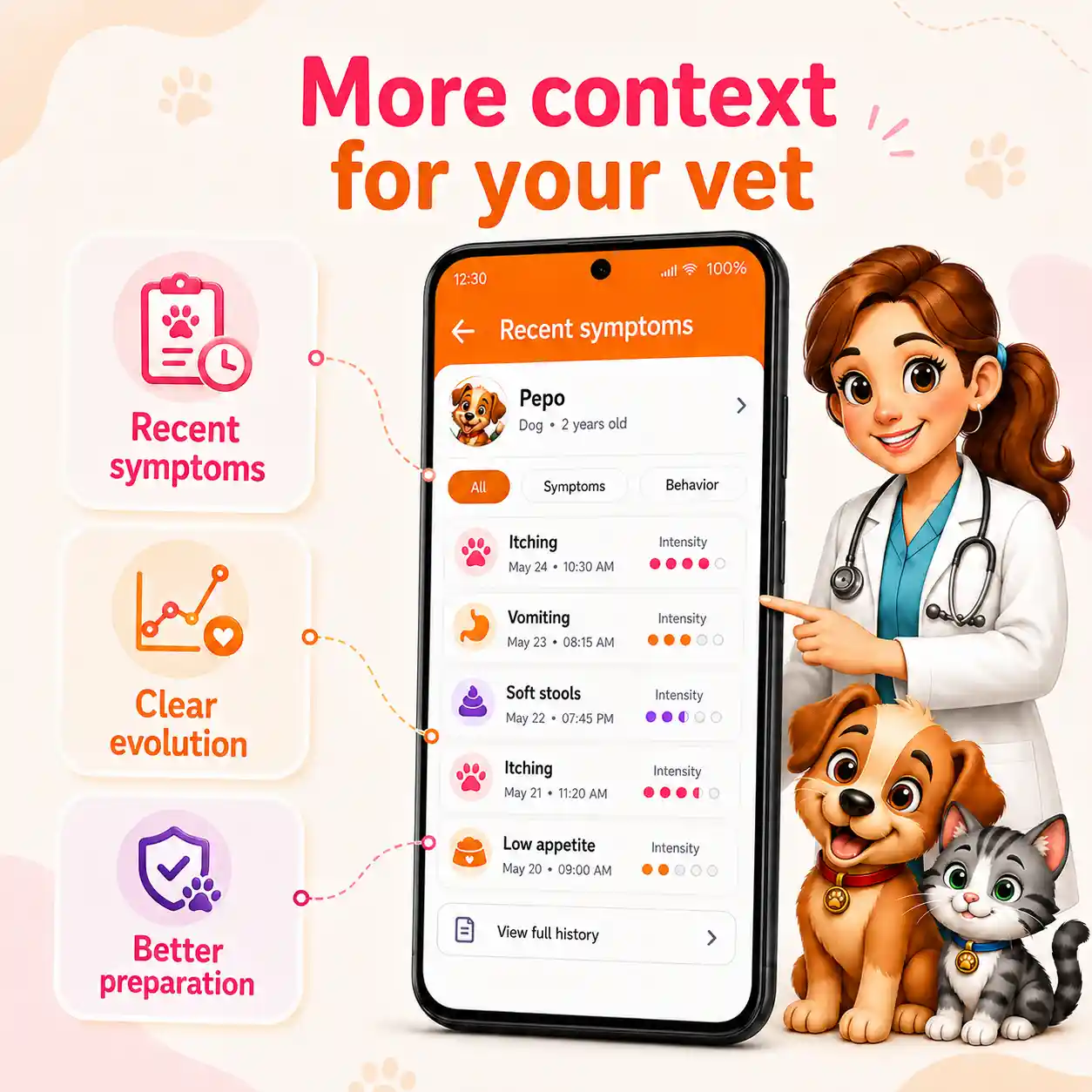 VitalPet symptoms image showing recent symptoms as context for a friendly vet visit.