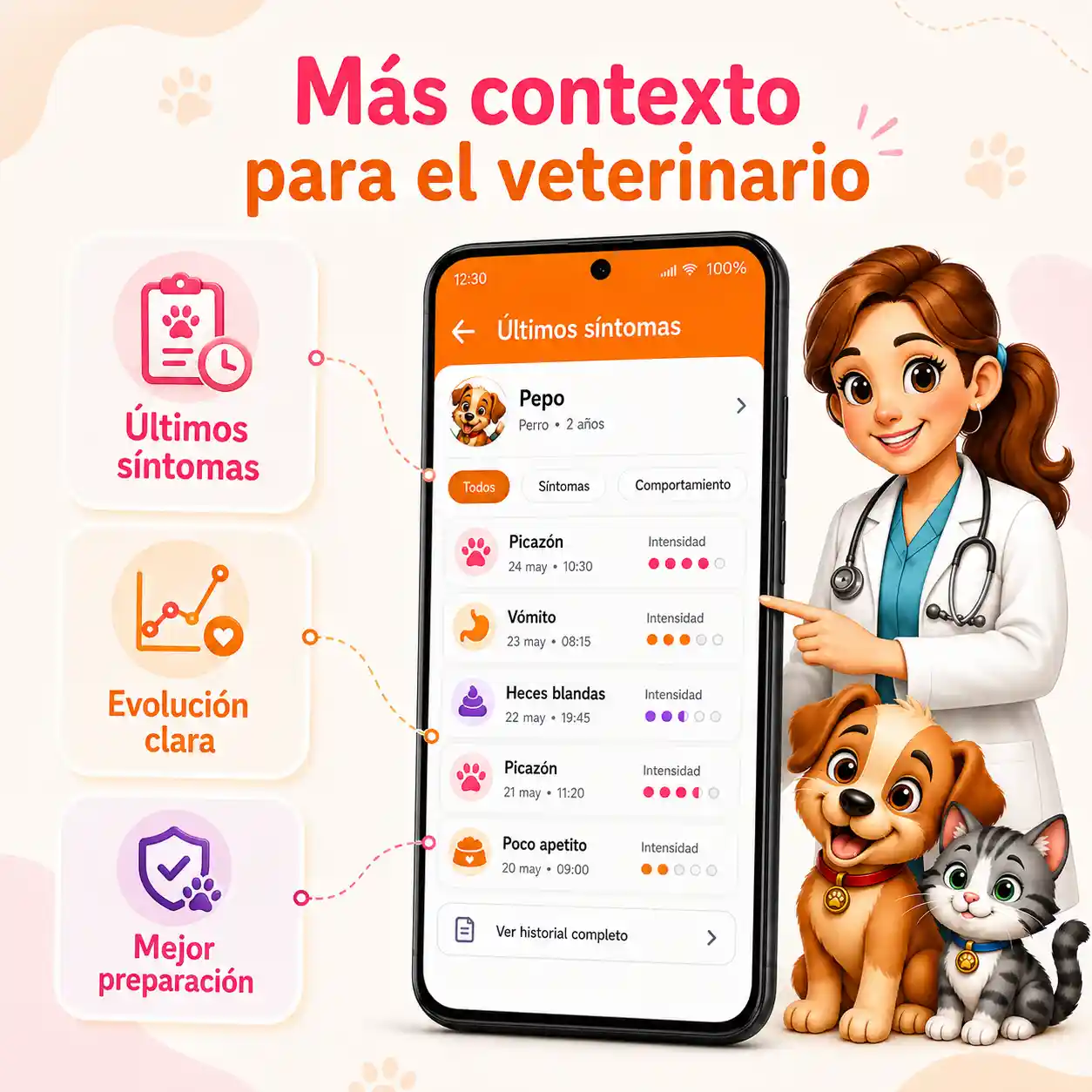 Imagen de Síntomas de VitalPet mostrando últimos síntomas como contexto para una visita veterinaria amable.