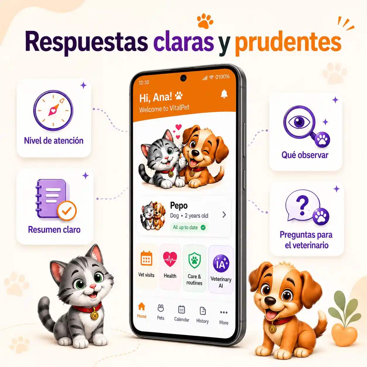 Imagen de respuesta IA de VitalPet con cards de nivel de atención, resumen claro, qué observar y preguntas para el veterinario.