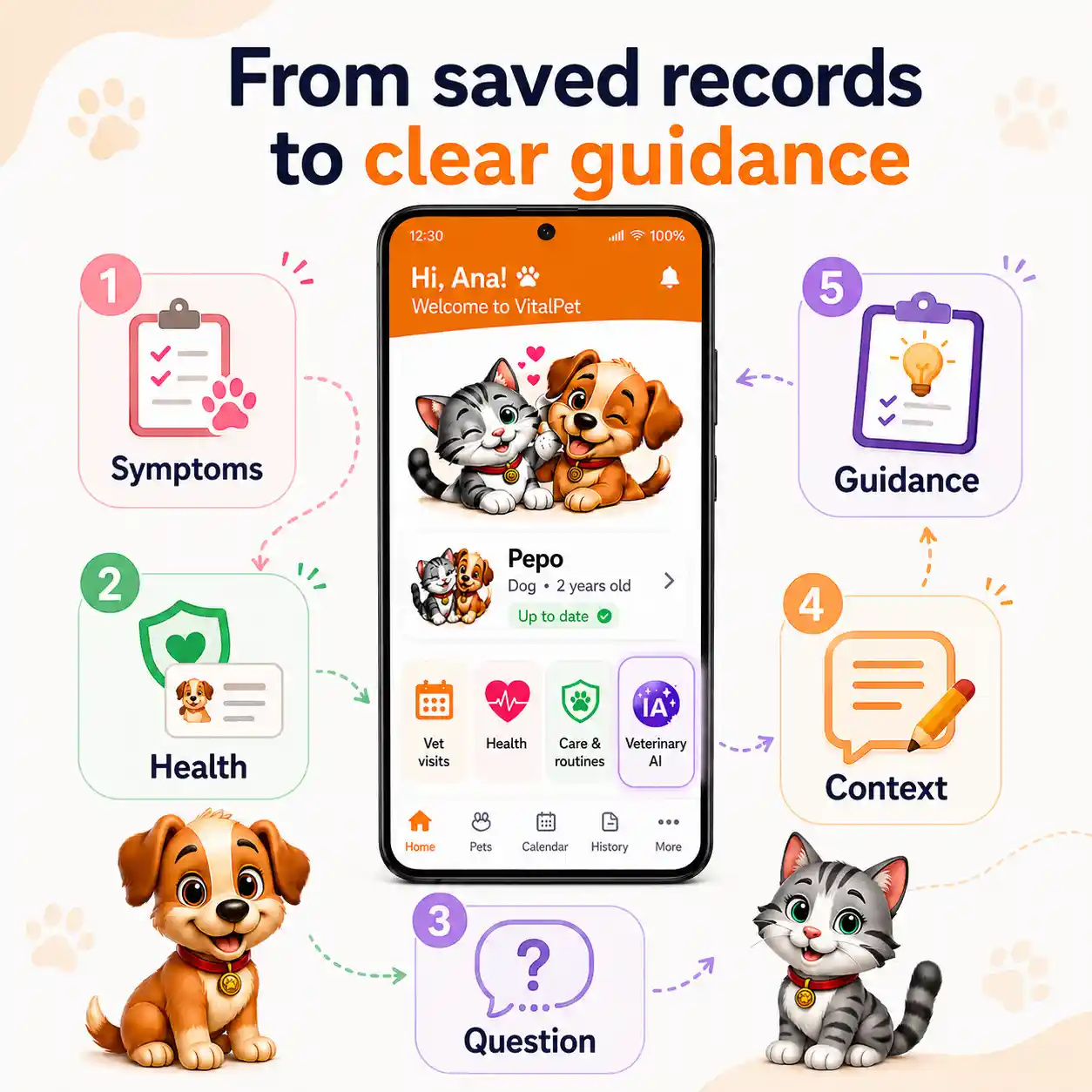 VitalPet Vet AI flow showing symptoms, health, question, context and guidance.