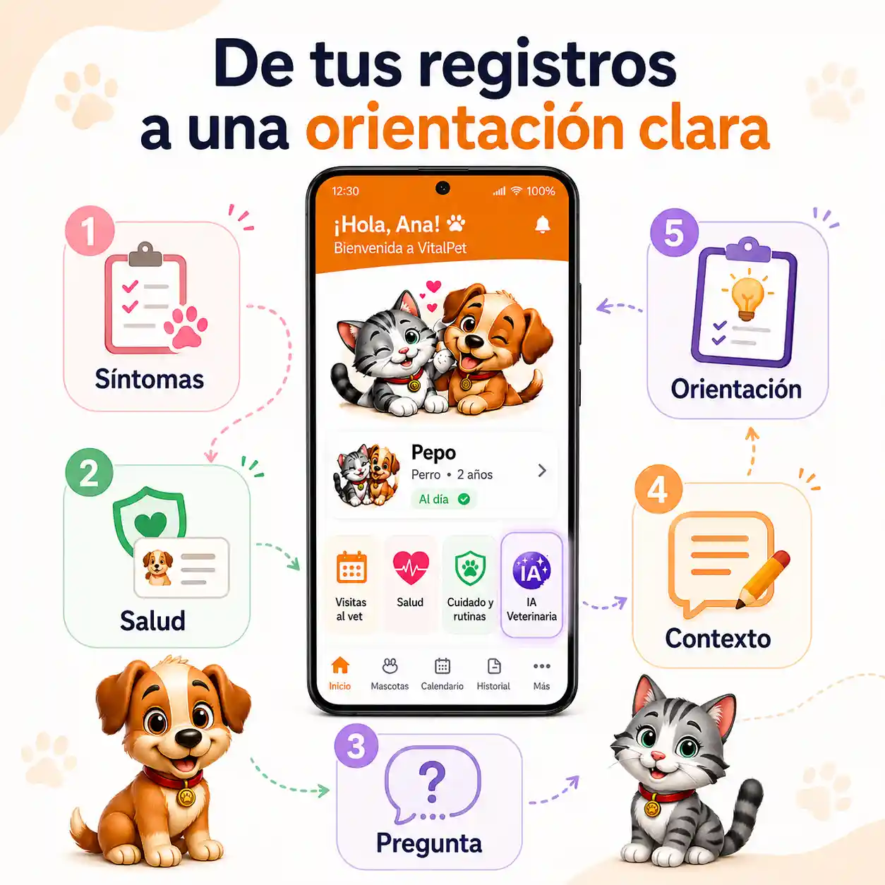 Flujo de IA veterinaria de VitalPet con síntomas, salud, pregunta, contexto y orientación.