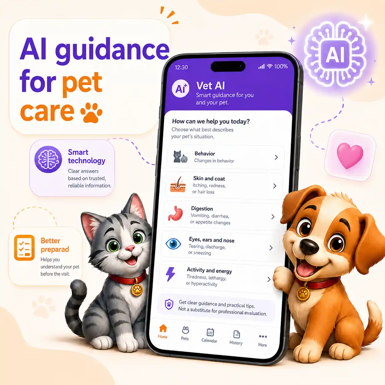 VitalPet Vet AI hero image with a real app screen, dog and cat mascots, and helpful AI guidance message.