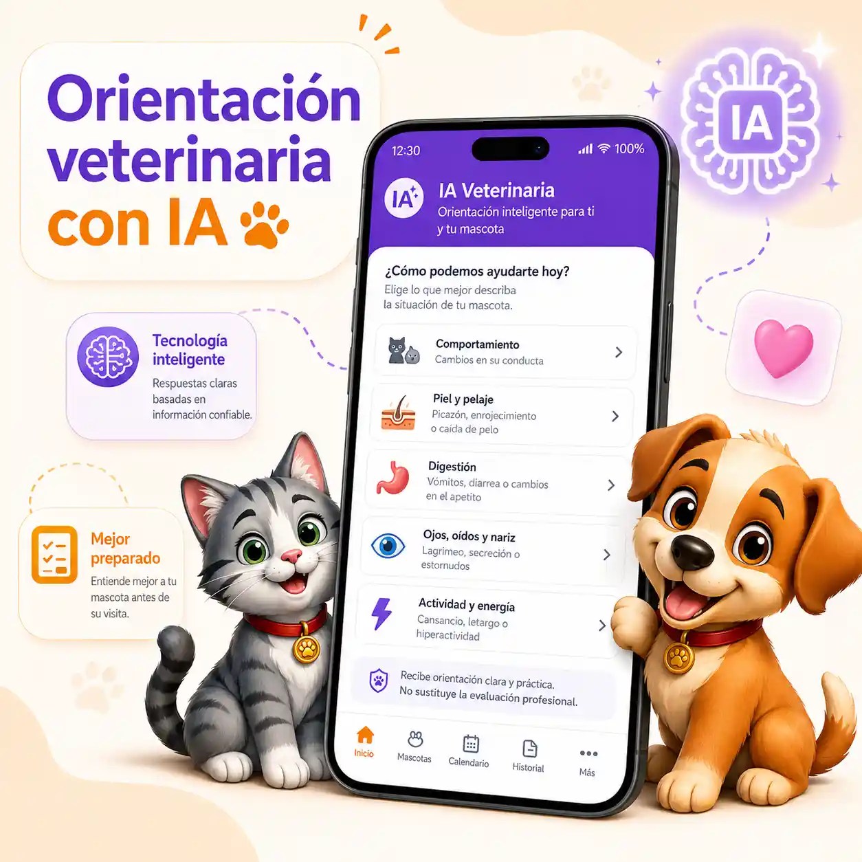 Imagen hero de IA veterinaria de VitalPet con pantalla real de la app, perro y gato, y mensaje de orientación con IA.