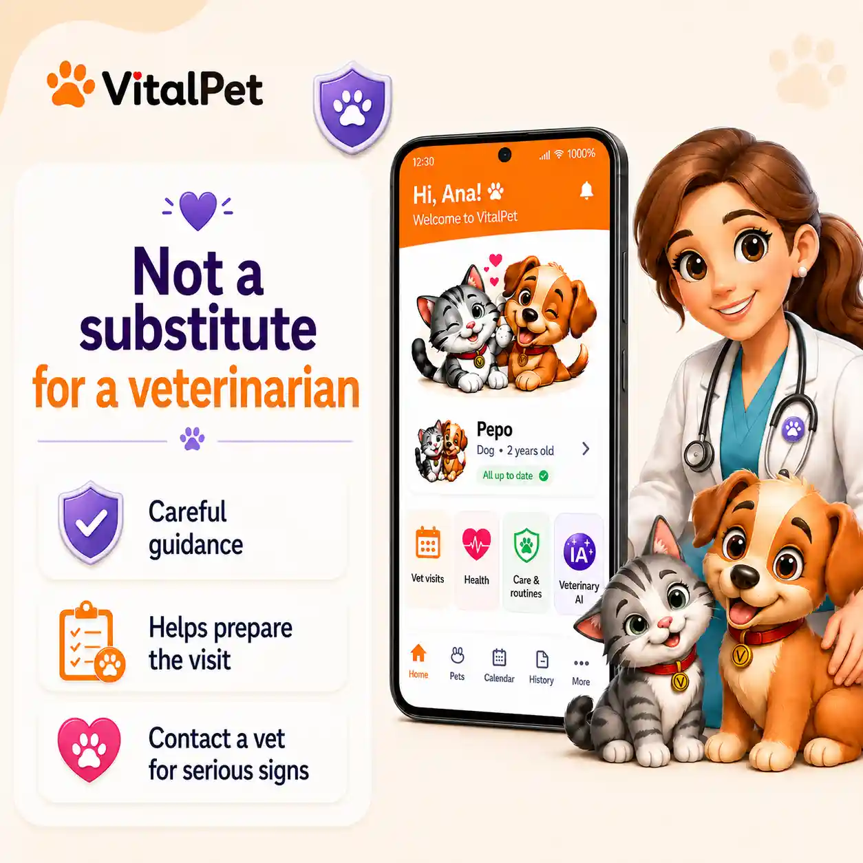 VitalPet safe Vet AI image explaining that AI is not a substitute for a veterinarian.