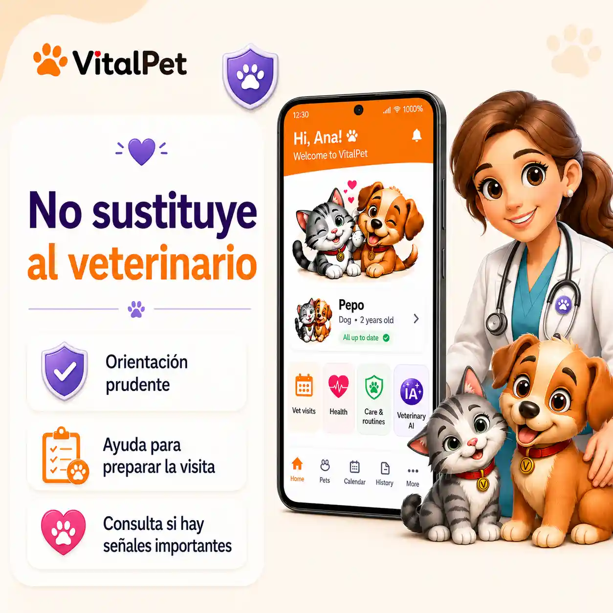 Imagen de seguridad de IA veterinaria de VitalPet indicando que no sustituye al veterinario.