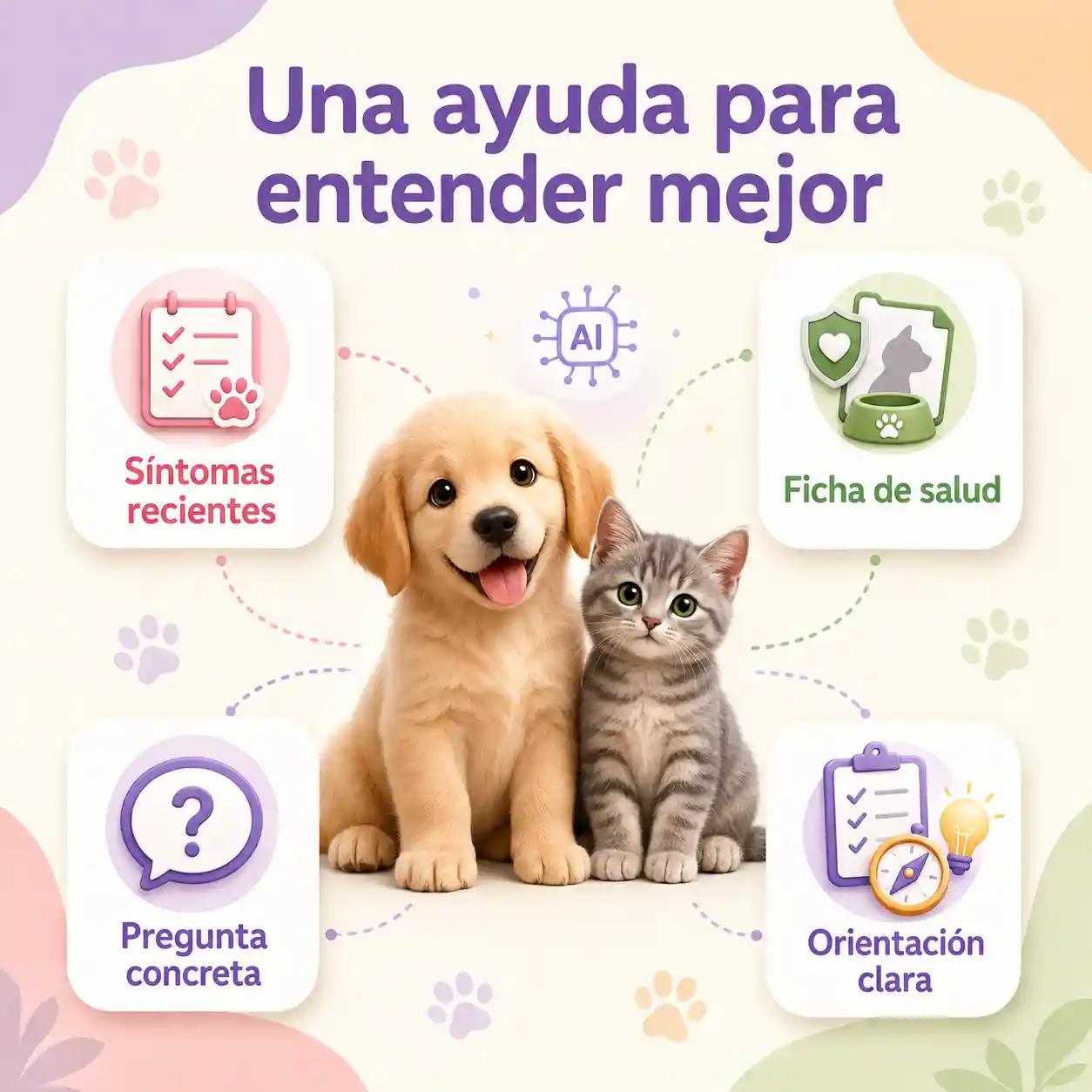 Imagen de IA veterinaria de VitalPet con síntomas recientes, ficha de salud, pregunta concreta y orientación clara.